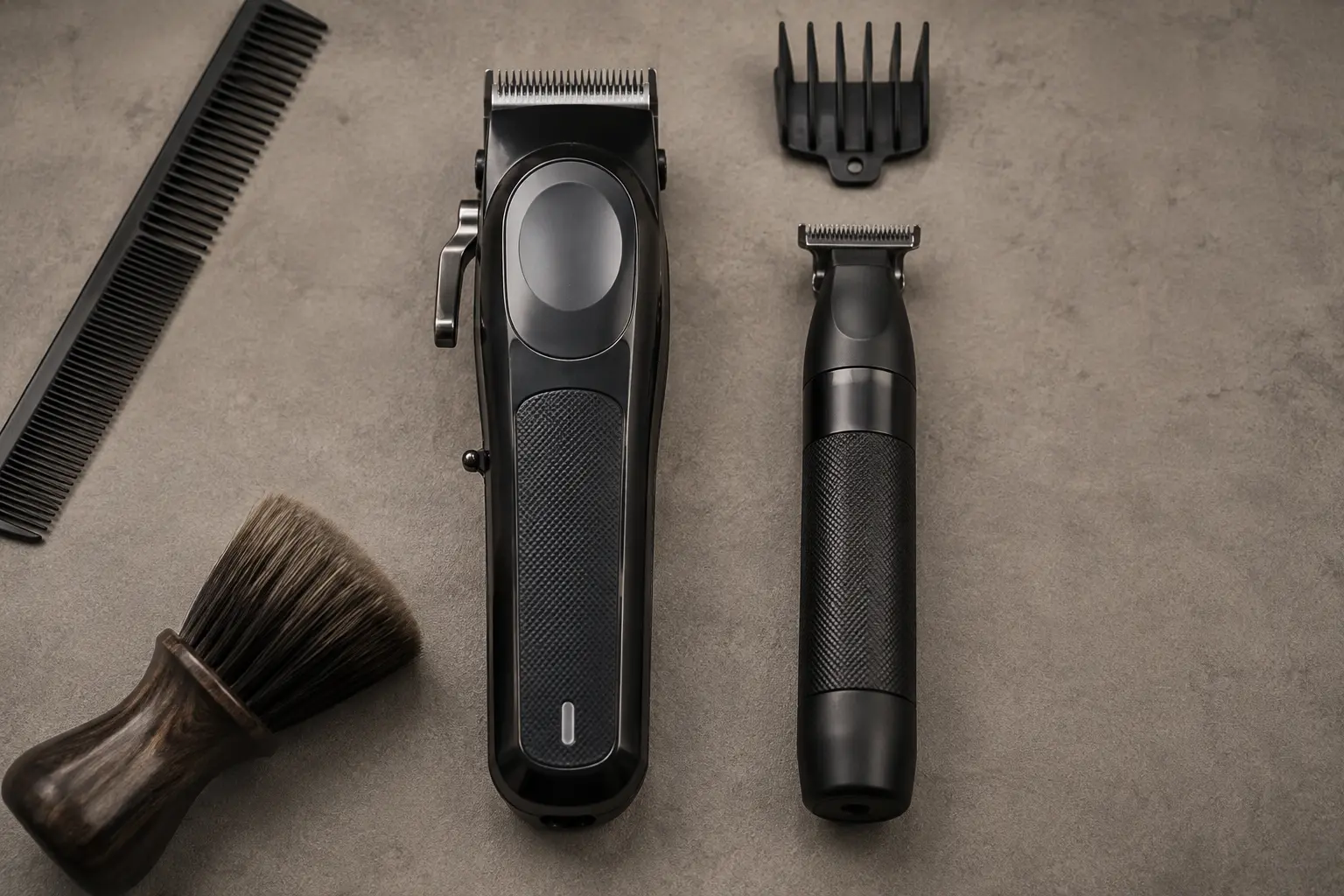 A professional hair clipper and detail trimmer laid out with a comb and shave brush
