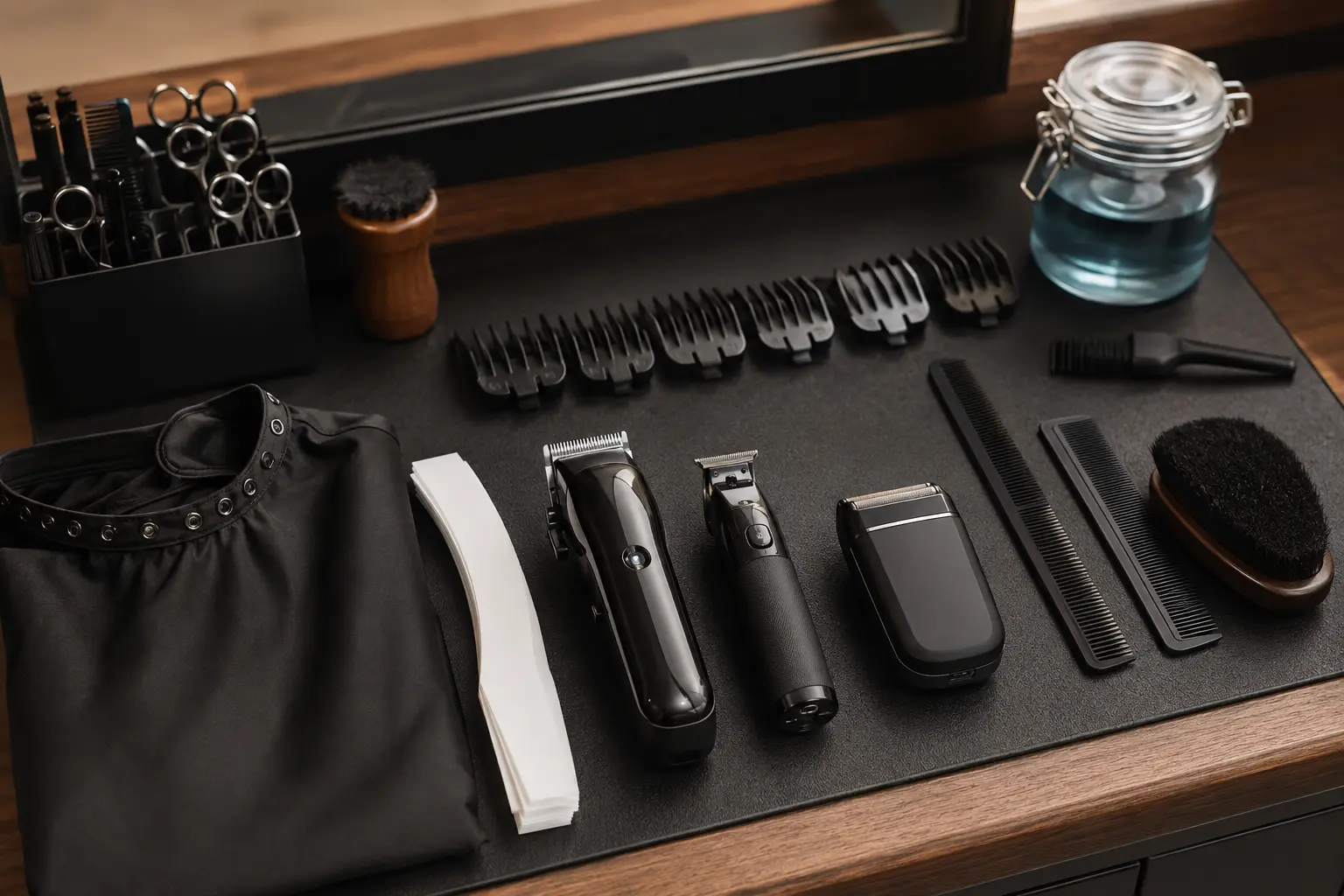 A barber station laid out with clippers, trimmers, combs, cape and grooming tools