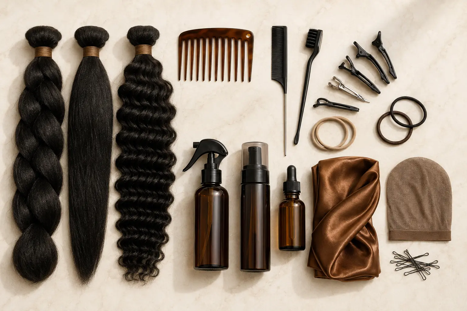 Hair bundles, combs, edge tools, spray bottles and a bonnet laid out before a styling session