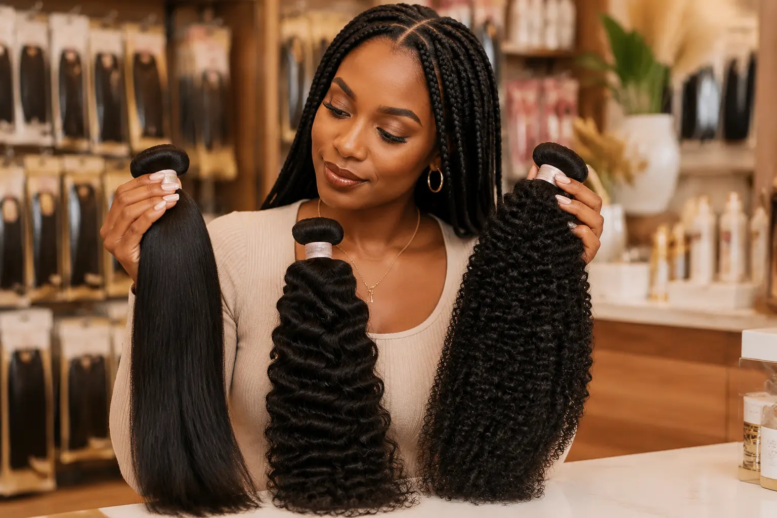 A woman comparing straight, wavy and curly hair bundles in a beauty supply store