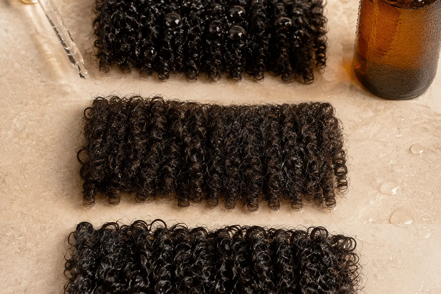 Three curly hair bundles laid out with hair oil and a spray bottle