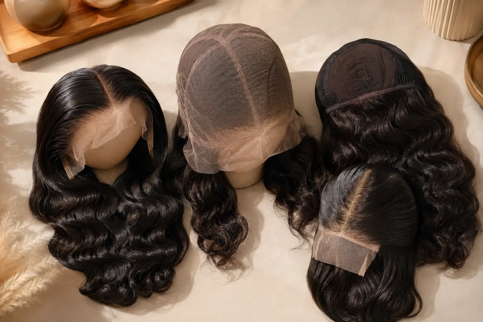 Lace front, full lace and closure wigs shown side by side