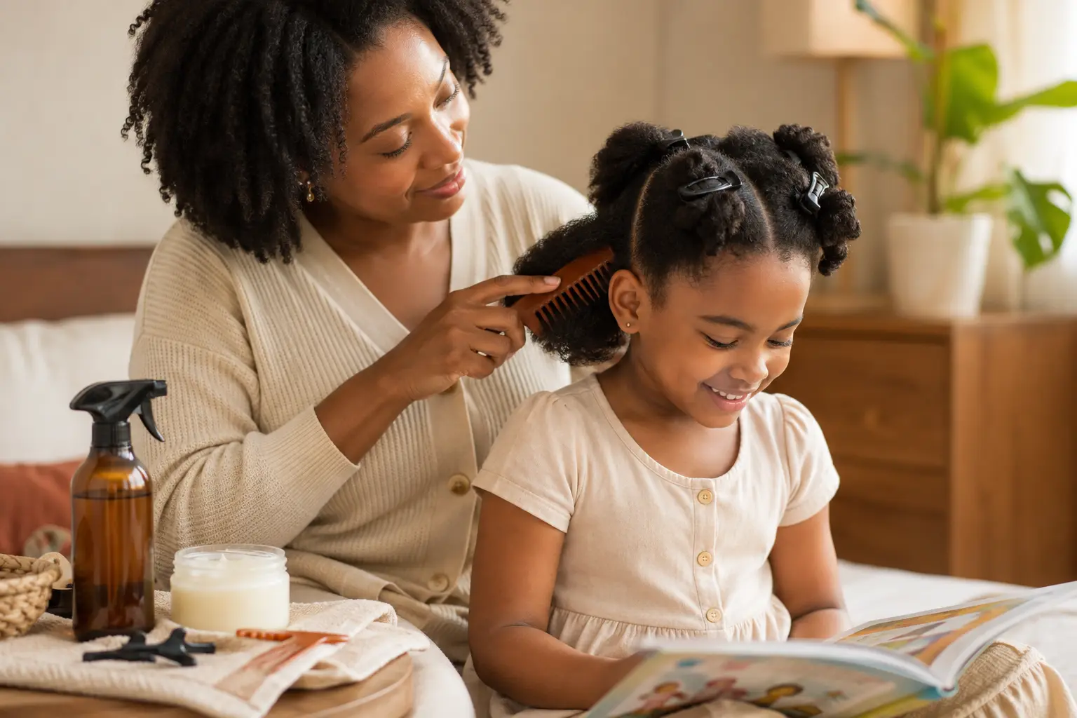 A mother gently combing her daughter&rsquo;s natural hair