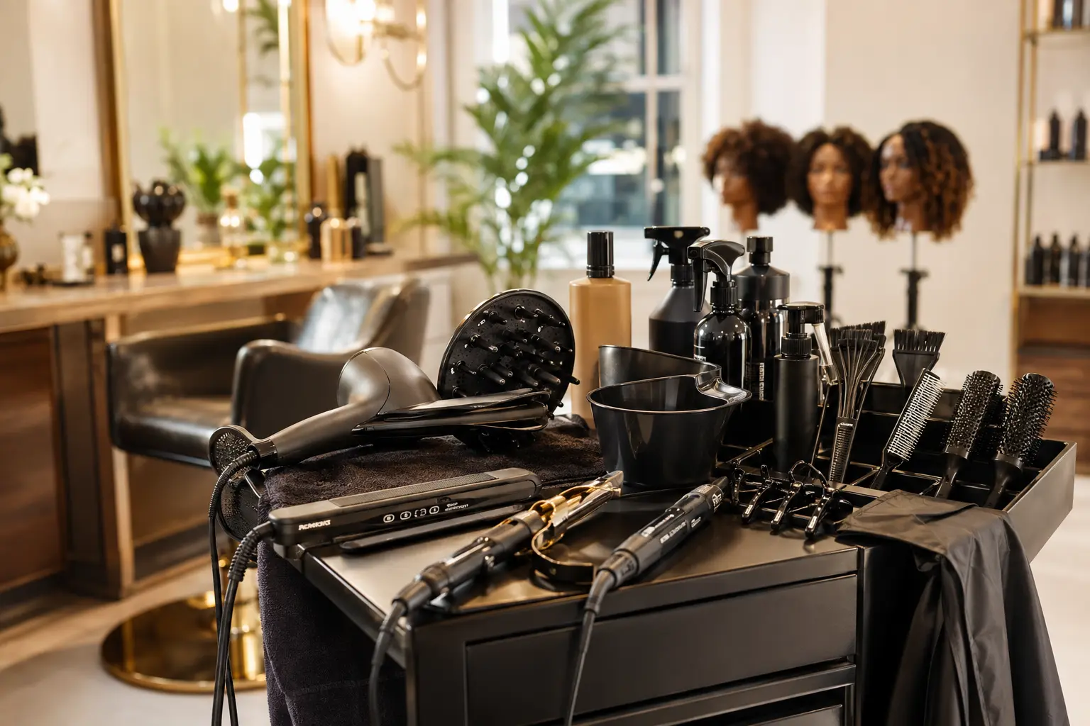 A salon station stocked with styling tools, brushes and hot tools