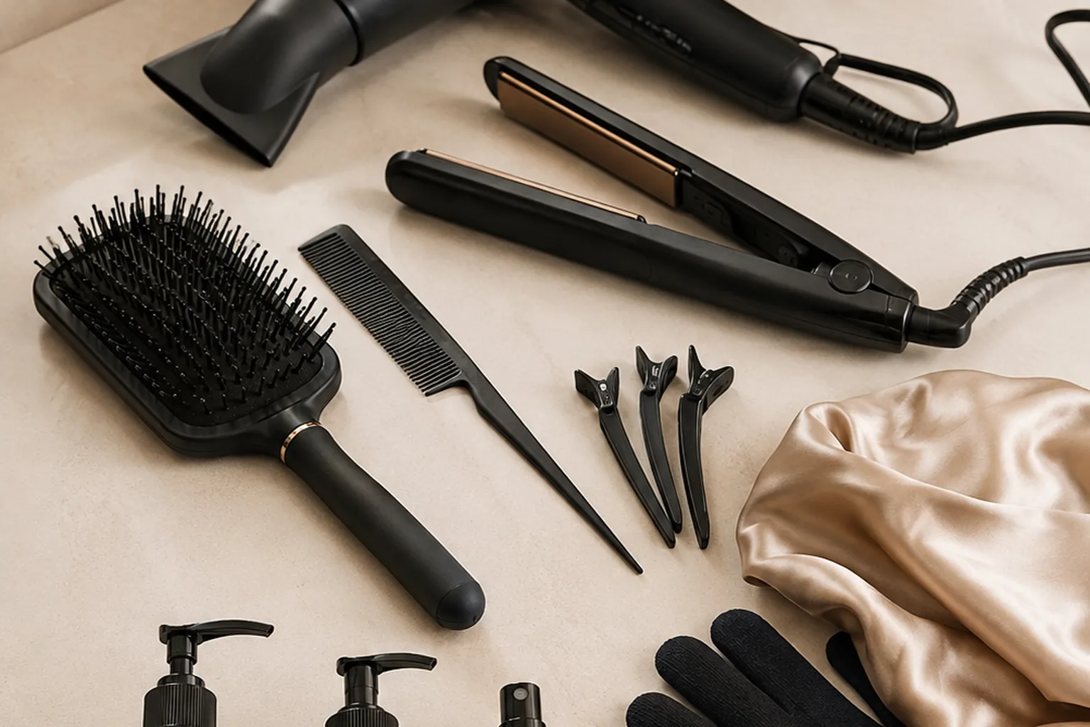 A flat lay of blow dryer, flat iron, paddle brush, comb, clips and heat protectant