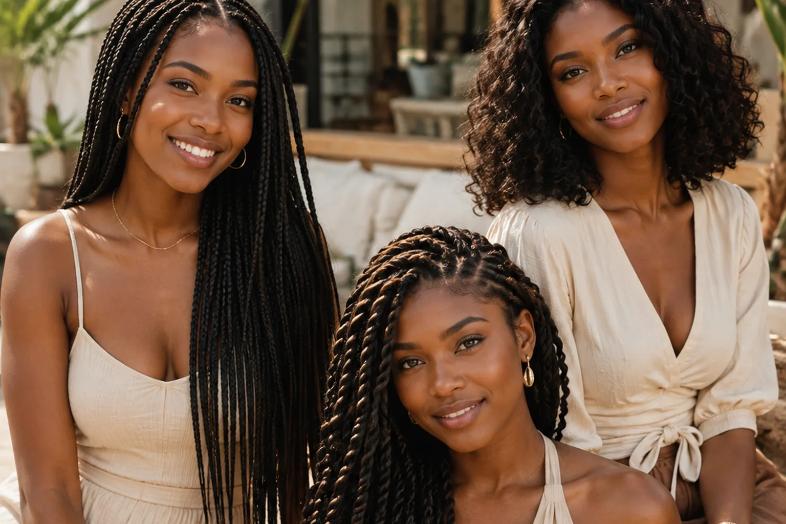 Three women wearing knotless braids and twists in summer outfits